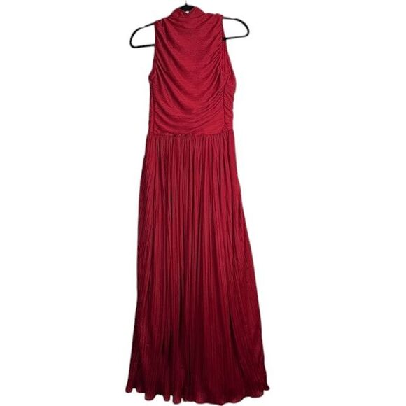 Halston Heritage V-Neck Maxi Dress Gown Ruched Red Pleats Sleeveless Size 0 - Picture 6 of 15